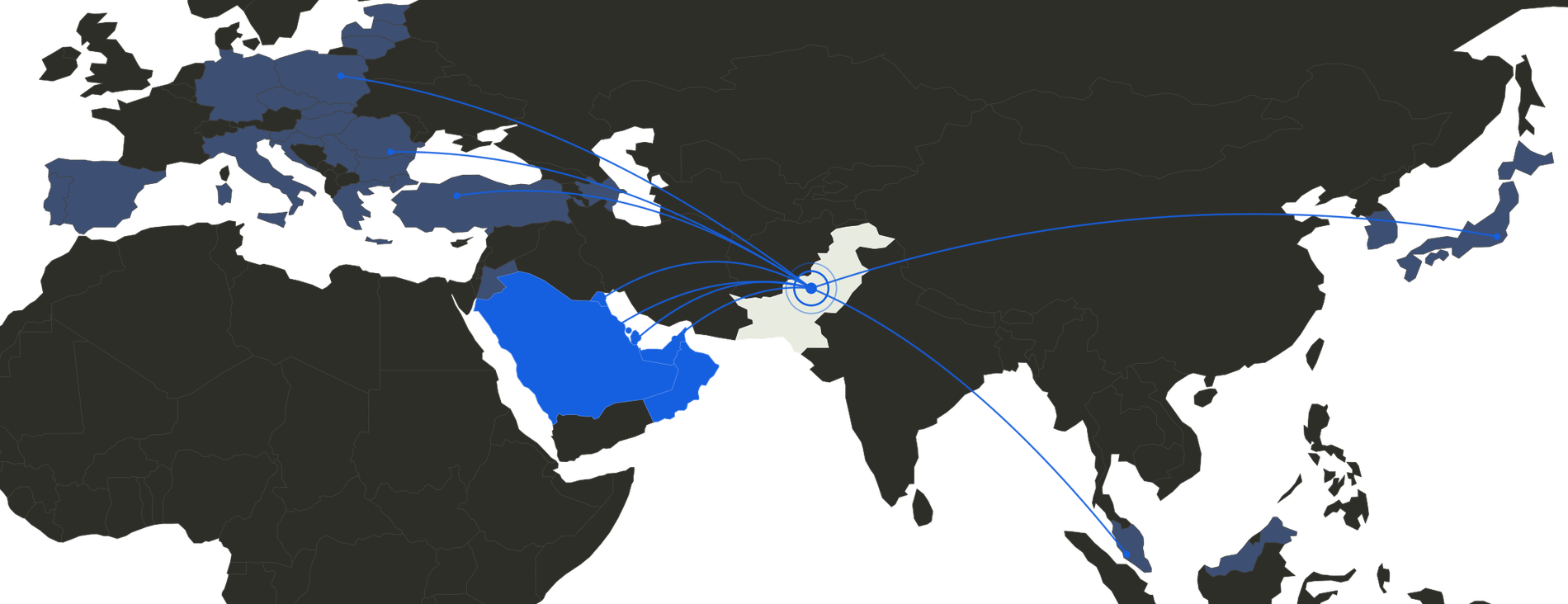 Map of deployment corridors running from Pakistan to the GCC, Europe and Asia